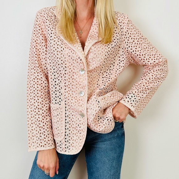 Susan Garver Metallic Gold pink Eyelet Laser Cut Blazer Jacket - Picture 1 of 7